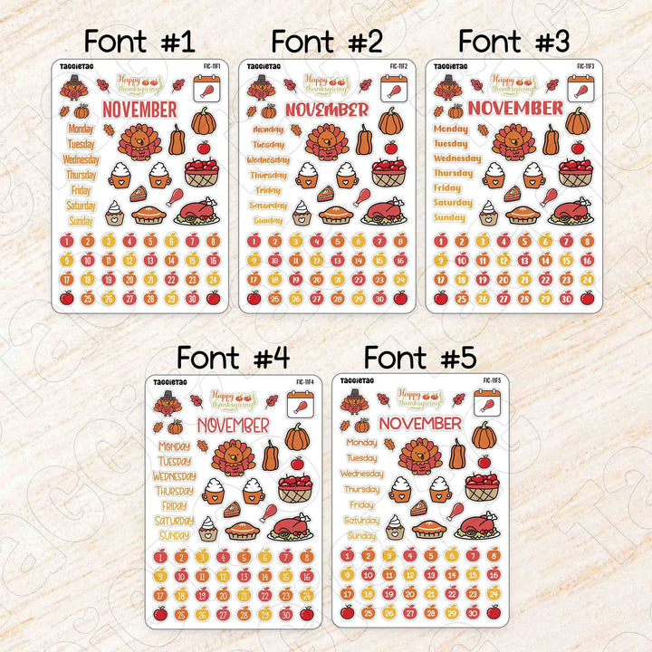 November Thanksgiving Theme Planner Stickers available in 5 different fonts