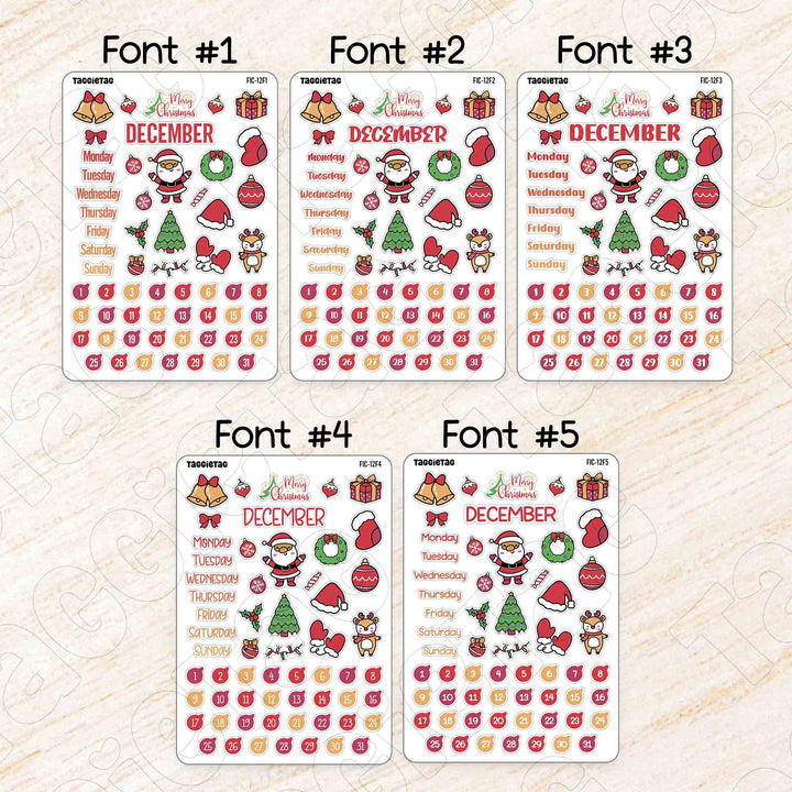 December Christmas Theme Planner Stickers available in 5 different fonts