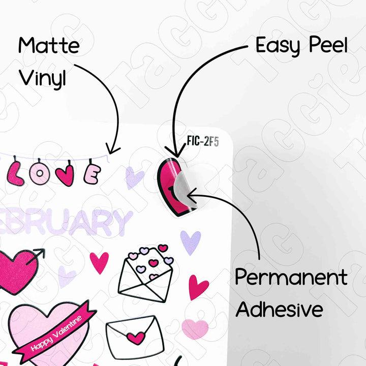 February Valentine Theme Planner Stickers matte vinyl material and easy peel