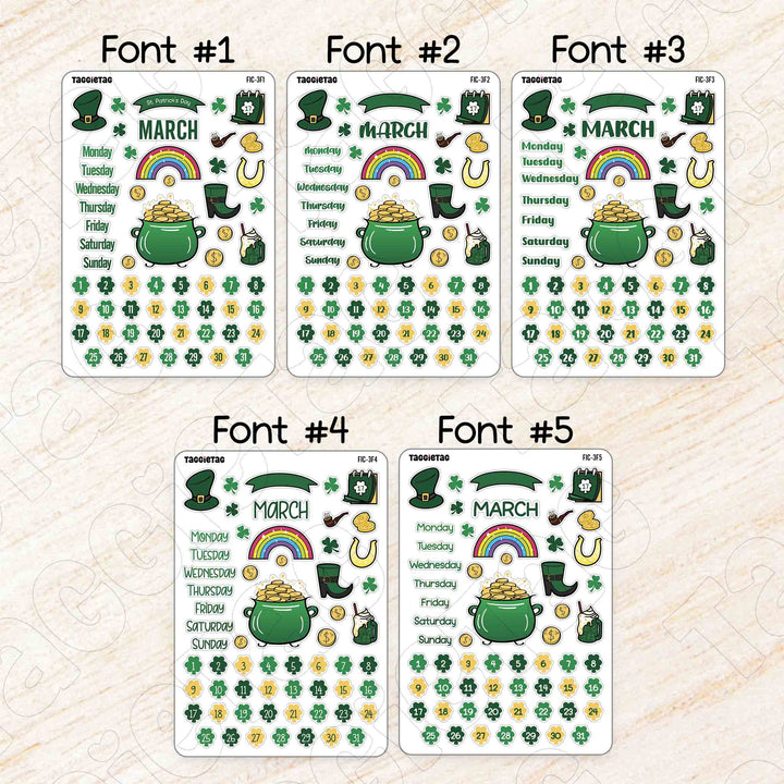 March St. Patrick's Day Theme Planner Stickers available in 5 different fonts