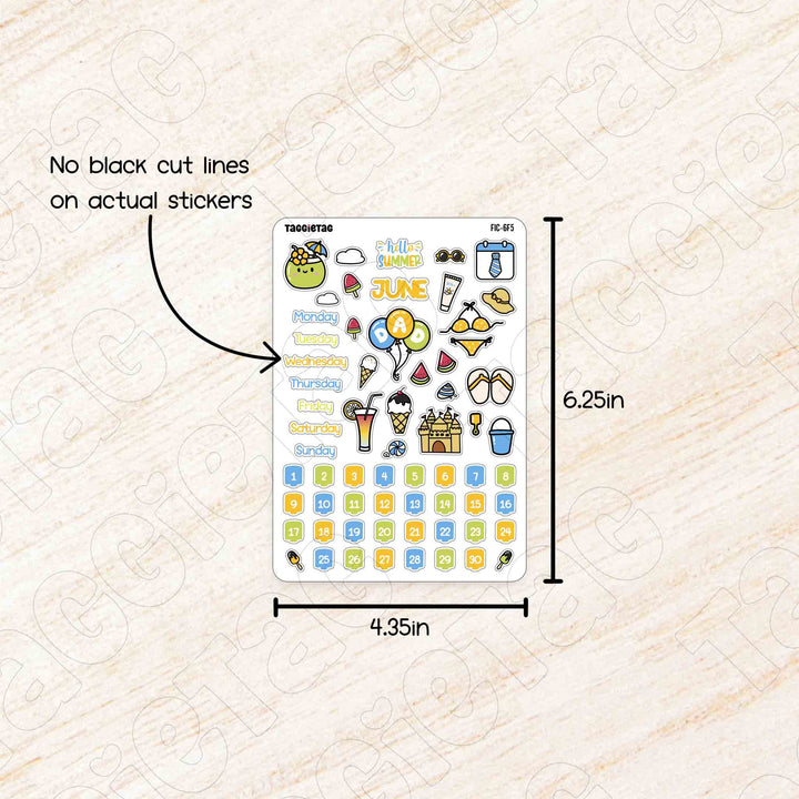 June Summer Beach Theme Planner Stickers no cut lines on actual stickers