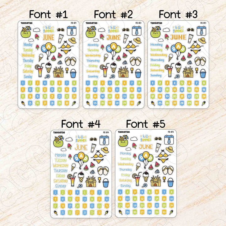 June Summer Beach Theme Planner Stickers available in 5 different fonts