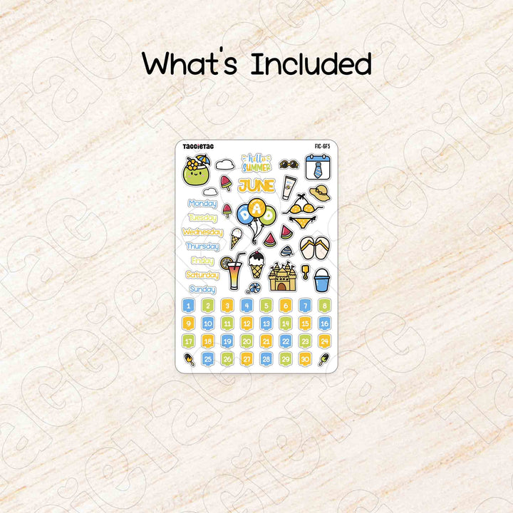 Includes a sheet of June Summer Beach Theme Planner Stickers