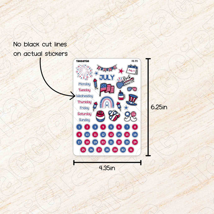 July Independence Day Theme Planner Stickers no cut lines on actual stickers