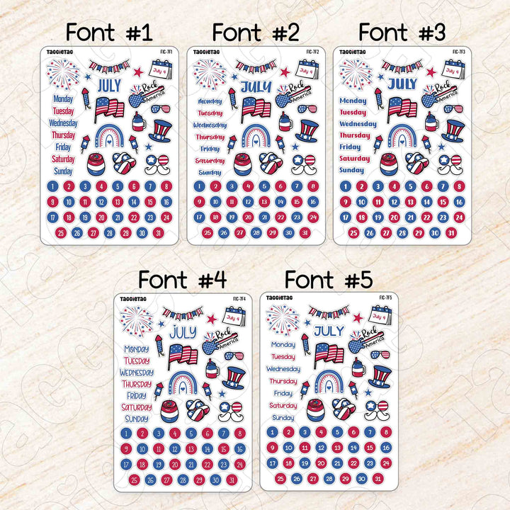 July Independence Day Theme Planner Stickers available in 5 different fonts