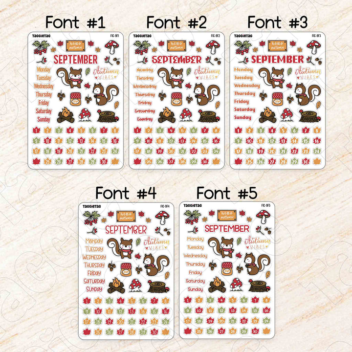 September Autumn Theme Planner Stickers available in 5 different fonts