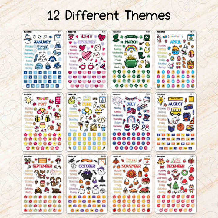 12 different themes on the Set #2 January to December Planner Stickers Bundle