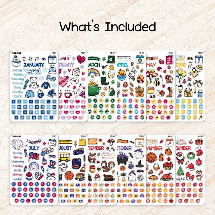 Includes 12 sheets of Set #2 January to December Planner Stickers