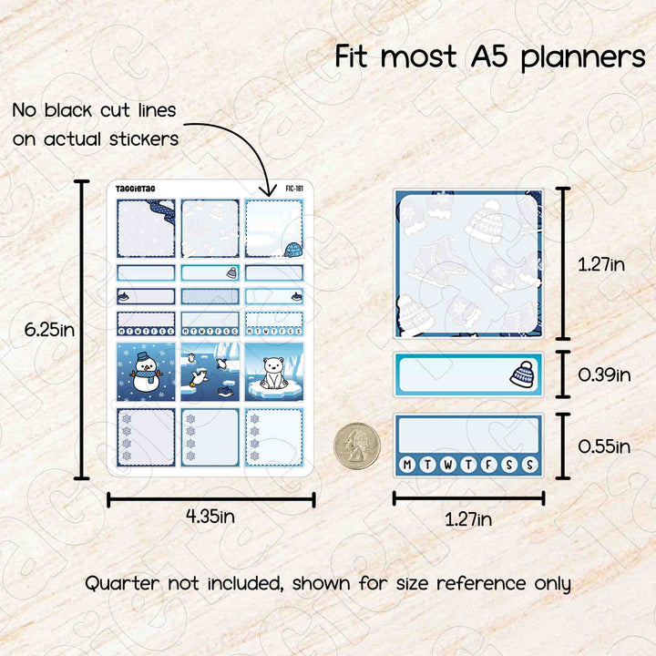 No black cut lines on actual stickers. Fit most A5 planners. Quarter not included, shown for size reference only. Each sheet size is 6.25in x 4.35in. Individual sticker size varies