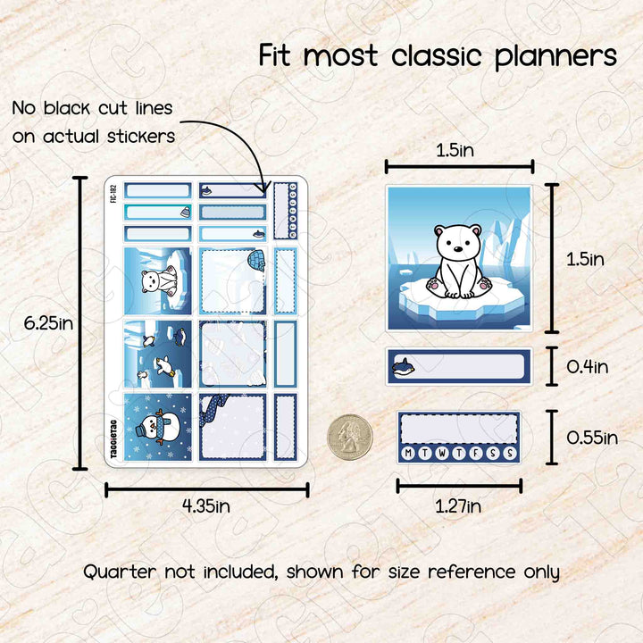 No black cut lines on actual stickers. Quarter not included, shown for size reference only. Each stickers fit most classic planners. Sheet size is 6.25in x 4.35in. Each sticker size varies.