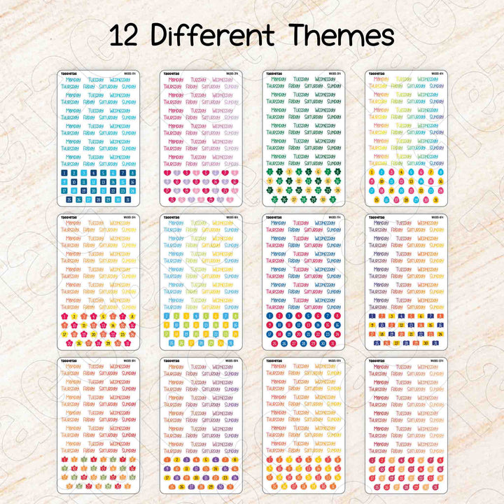 Set #2 Days of the Week Planner Stickers Bundle Kit available in 12 different themes