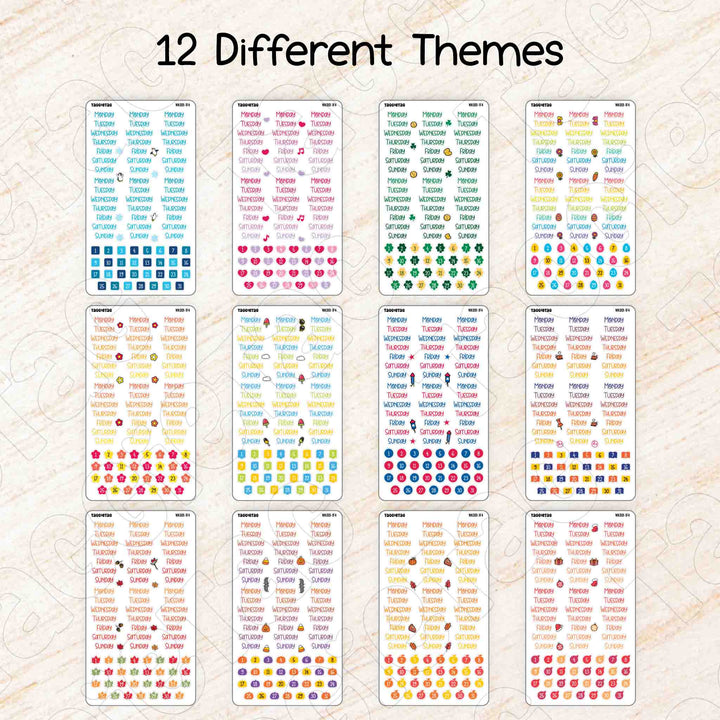 Set #2 Days of the Week Planner Stickers Bundle Kit in 12 different themes