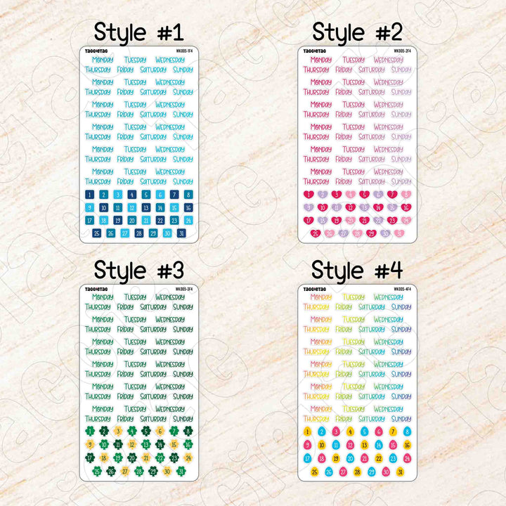 Set #2 Days of the Week Planner Stickers Bundle Kit style 1 to style 4