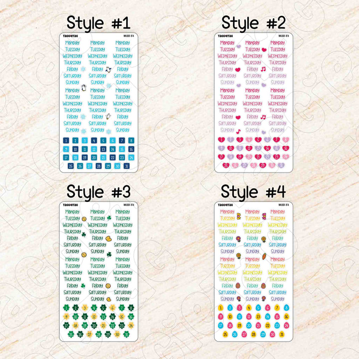 Set #2 Days of the Week Planner Stickers Bundle Kit from Style #1 to Style #4