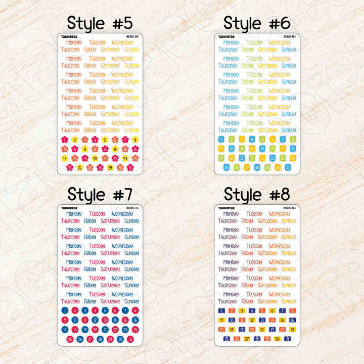 Set #2 Days of the Week Planner Stickers Bundle Kit style 5 to style 8