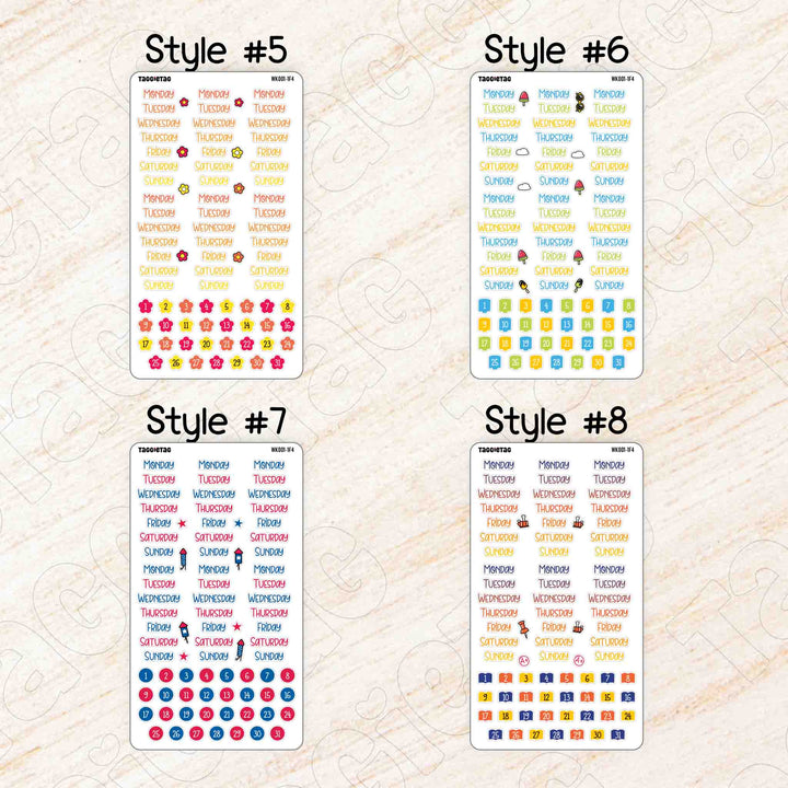 Set #2 Days of the Week Planner Stickers Bundle Kit from Style #5 to Style #8