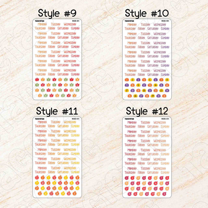 Set #2 Days of the Week Planner Stickers Bundle Kit style 9 to style 12