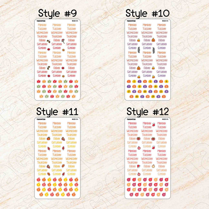 Set #2 Days of the Week Planner Stickers Bundle Kit from Style #9 to Style #12