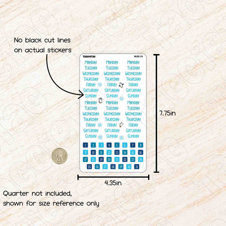 No black cut lines on actual stickers. Sheet size is 4.35in x 7.75in. Quarter not included, shown for size reference only