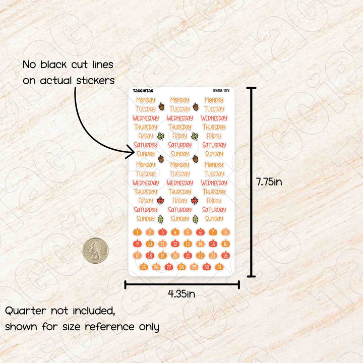Sheet of planner stickers with days of the week and pumpkins, shown with measurements and a quarter for size reference.
