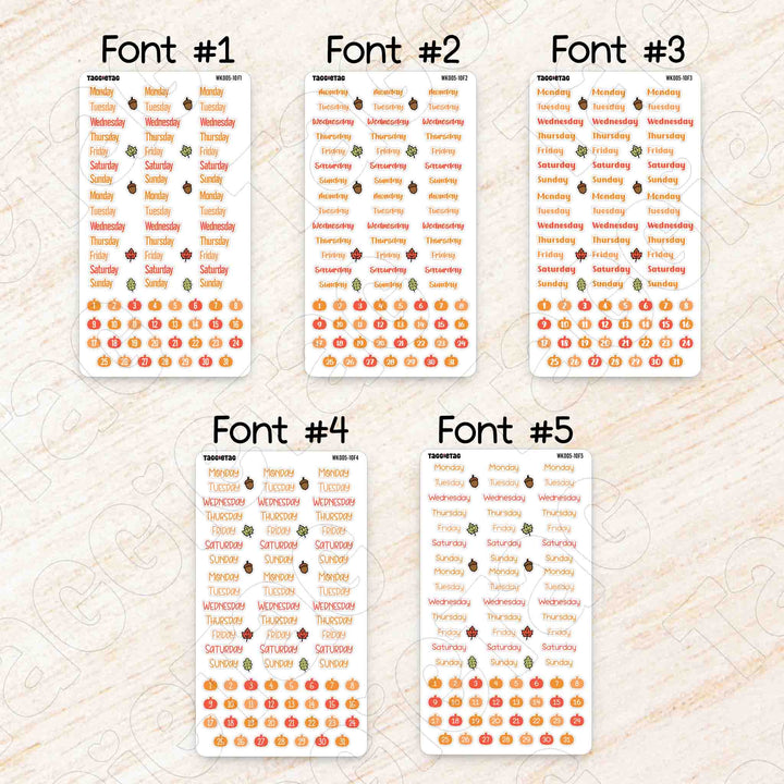 October Autumn Weekly Planner Sticker Kit available in 5 different fonts