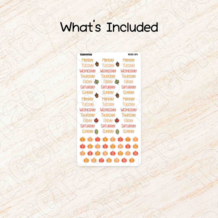 Includes a sheet of October Autumn Weekly Planner Sticker Kit