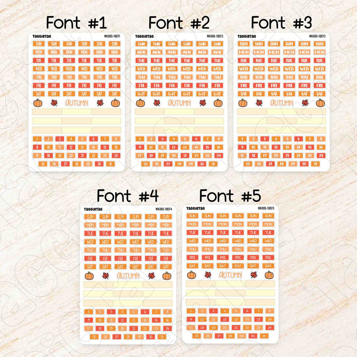 October Autumn Hobonichi Cousin A5 Weekly Planner Sticker Kit available in 5 different fonts