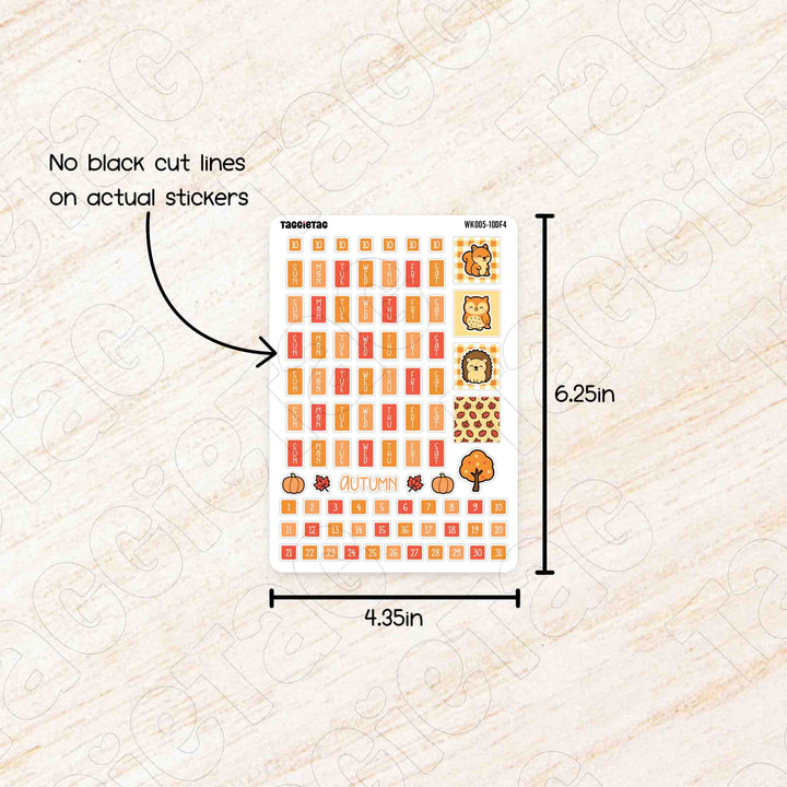 Sheet of planner stickers with dimensions and no black cut lines text on a textured beige background