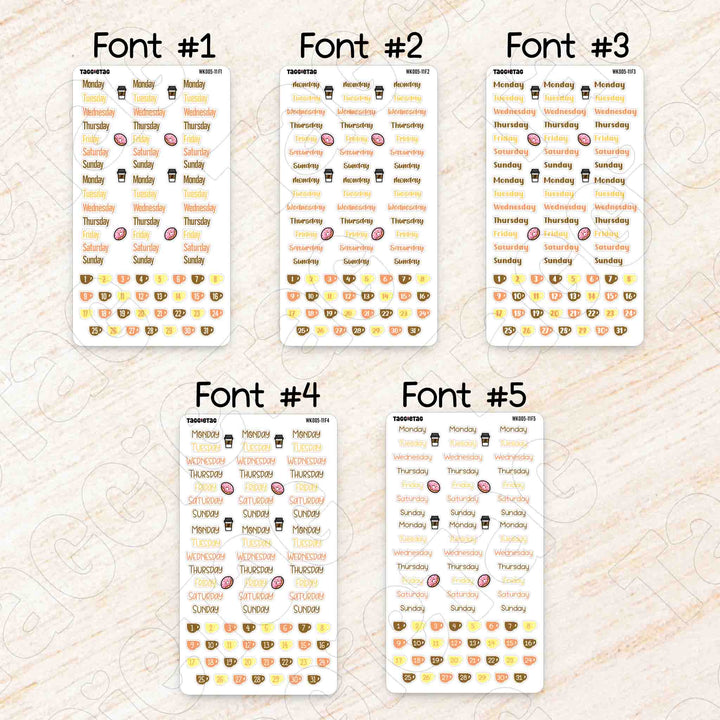 November Coffee & Bakery Weekly Planner Sticker Kit available in 5 different fonts