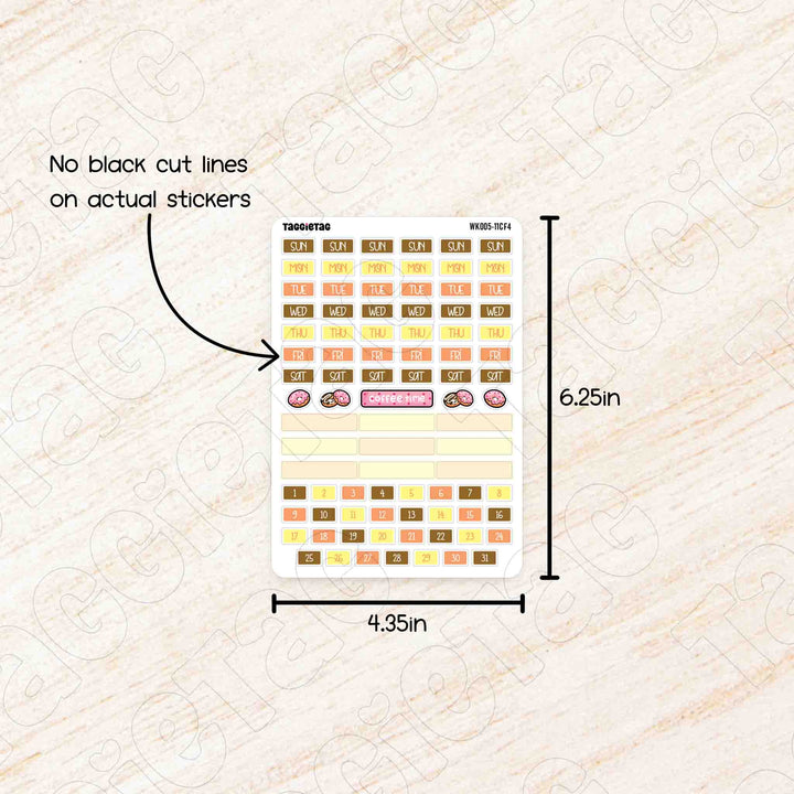 Sheet of planner stickers with dimensions and text on a textured beige background