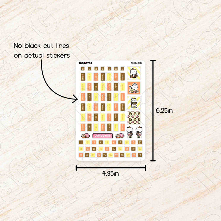 Sheet of planner stickers with dimensions and no black cut lines text on a textured beige background