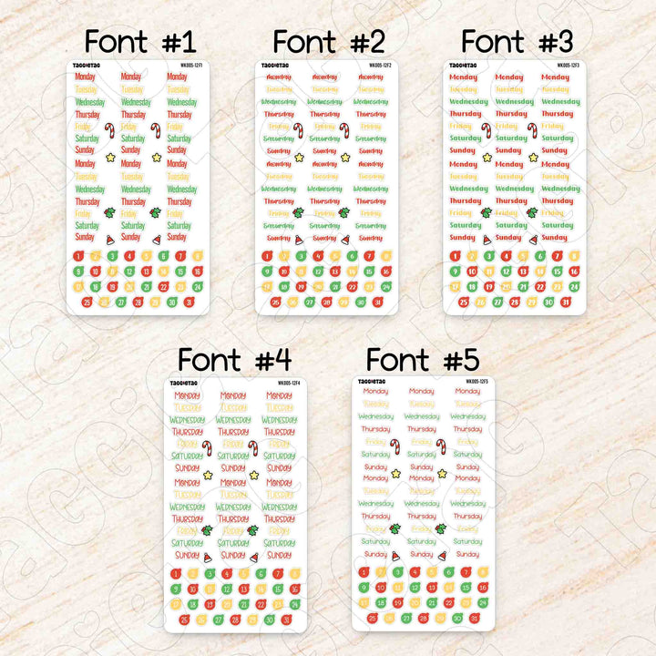 December Christmas Weekly Planner Sticker Kit available in 5 different fonts