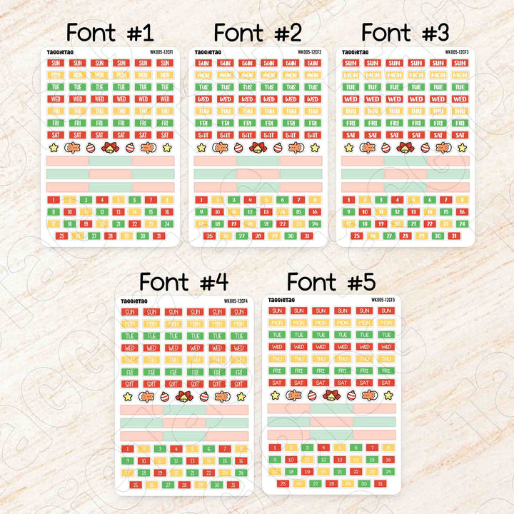 December Christmas Hobonichi Cousin A5 Weekly Planner Sticker Kit available in 5 different fonts