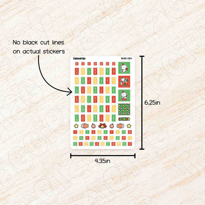 Sheet of planner stickers with dimensions of 4.35in x 6.25in and no black cut lines text on a textured beige background