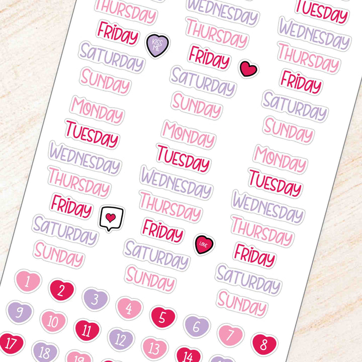 Cats & Hearts Valentine Theme Days of the Week Planner Stickers Weekly Kit