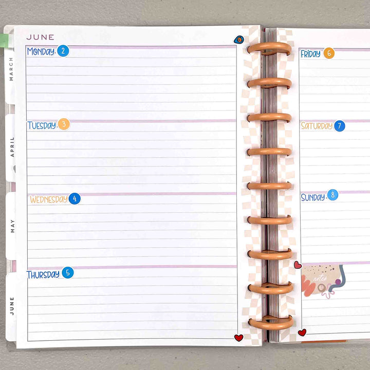 June Travel Weekly Planner Sticker Kit | Blue, Yellow Theme stickers on happy planner pages