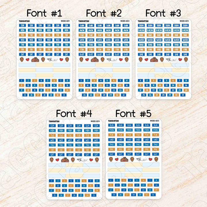 June Travel Hobonichi Cousin A5 Weekly Planner Sticker Kit | Blue & Yellow available in 5 different fonts