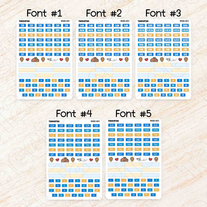 June Travel Hobonichi Cousin A5 Weekly Planner Sticker Kit | Blue & Yellow Theme available in 5 different fonts
