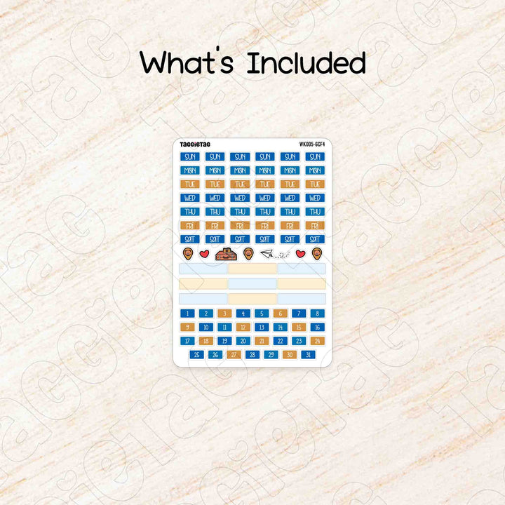 Includes a sheet of June Travel Hobonichi Cousin A5 Weekly Planner Sticker Kit | Blue & Yellow