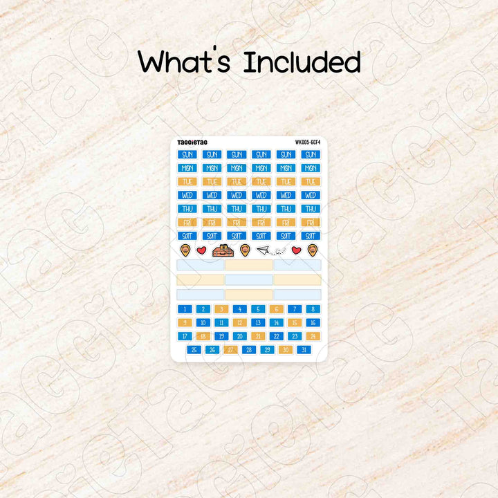 Includes a sheet of June Travel Hobonichi Cousin A5 Weekly Planner Sticker Kit | Blue & Yellow Theme