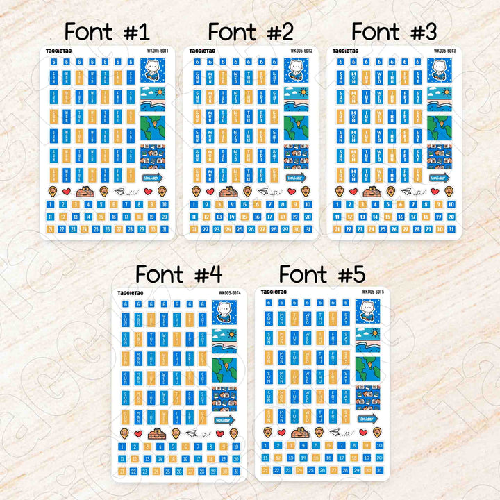 June Travel Hobonichi Weeks Weekly Planner Sticker Kit | Blue & Yellow Theme available in 5 different fonts