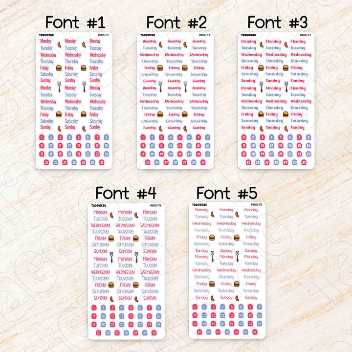 July July 4th BBQ Weekly Planner Sticker Kit available in 5 different fonts