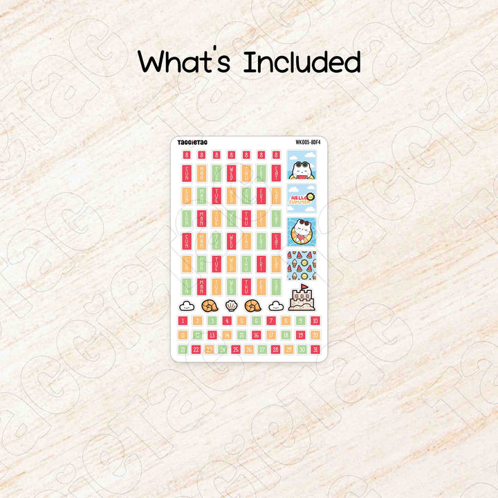 Includes a sheet of August Summer Hobonichi Weeks Weekly Planner Sticker Kit
