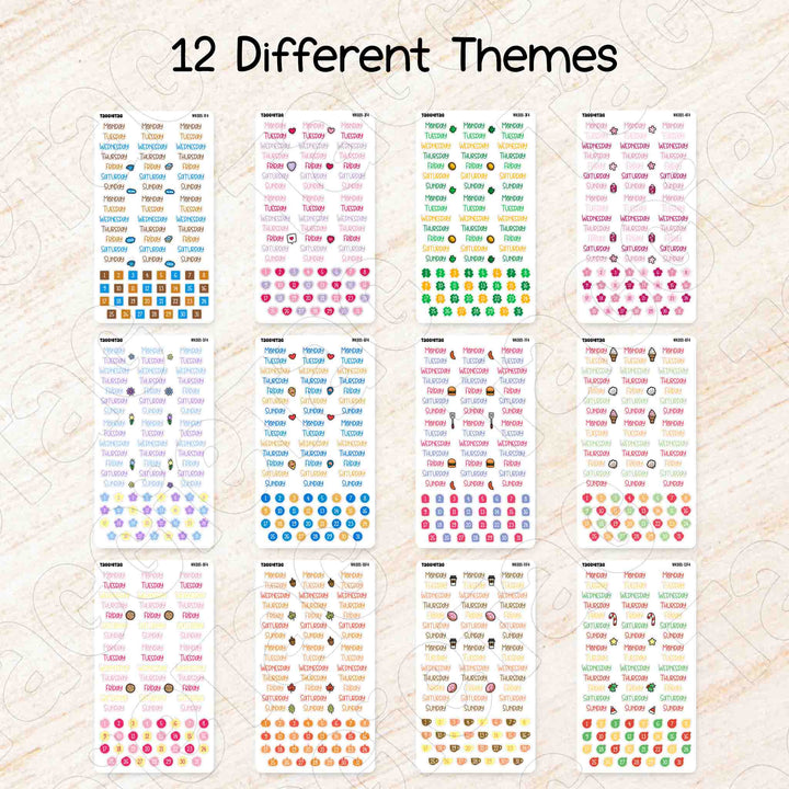 Set #5 Days of the Week Planner Stickers Bundle Kit available in 12 different themes