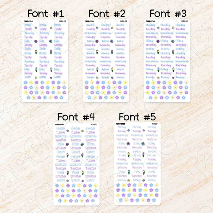 Set #5 Days of the Week Planner Stickers Bundle Kit available in 5 different fonts