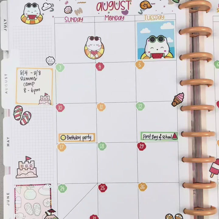 Overview of August Summer Monthly Planner Sticker Kit on a Happy Planner